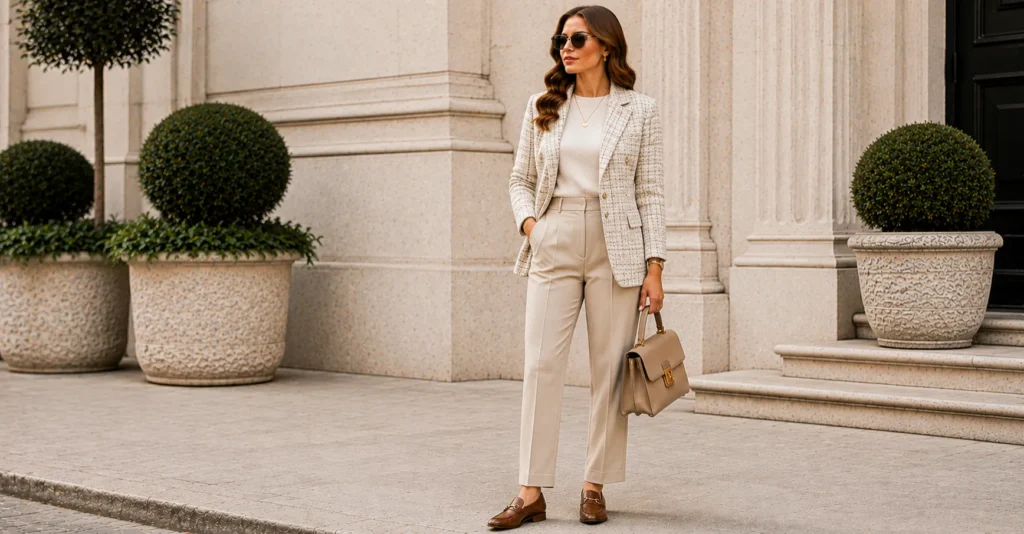 35 Effortless Quiet Luxury Fall Outfits Women Can Copy for a Timeless Look 11 Quiet Luxury Fall Outfits Women featuring a classic tweed blazer and straight trousers