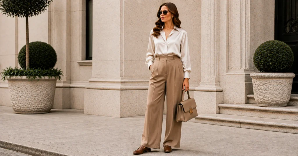 35 Effortless Quiet Luxury Fall Outfits Women Can Copy for a Timeless Look 13 Quiet Luxury Fall Outfits Women featuring a silk blouse and wide-leg trousers