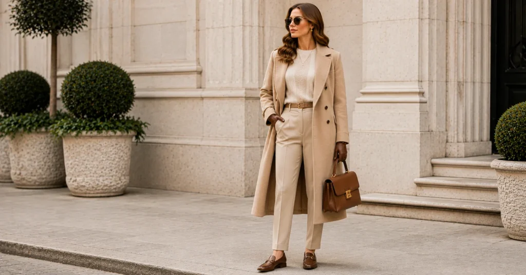 35 Effortless Quiet Luxury Fall Outfits Women Can Copy for a Timeless Look 9 Quiet Luxury Fall Outfits Women featuring a tailored wool coat and leather gloves