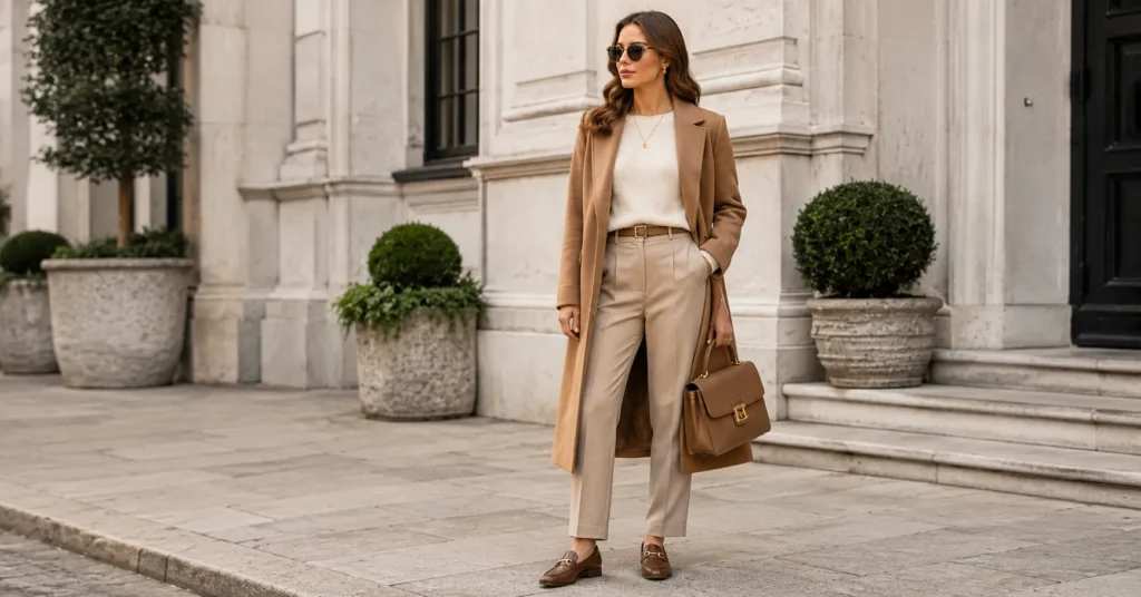 35 Effortless Quiet Luxury Fall Outfits Women Can Copy for a Timeless Look 3 Quiet Luxury Fall Outfits Women with a camel coat over a cream knit sweater