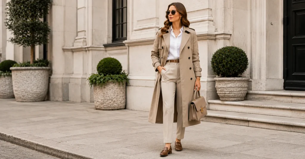 35 Effortless Quiet Luxury Fall Outfits Women Can Copy for a Timeless Look 8 Quiet Luxury Fall Outfits Women with a classic trench coat and leather loafers
