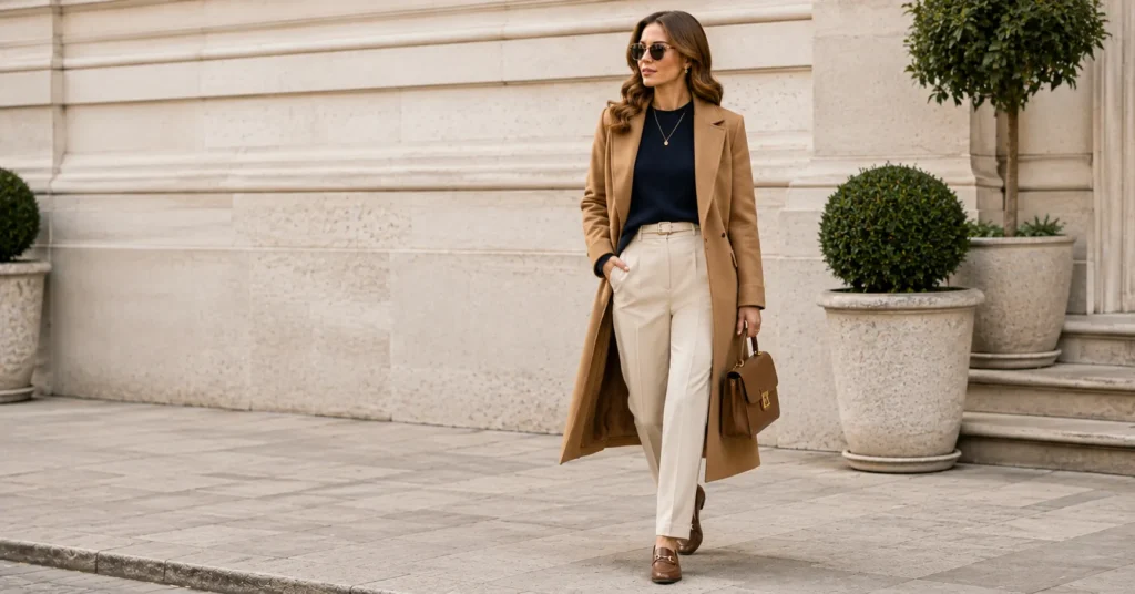35 Effortless Quiet Luxury Fall Outfits Women Can Copy for a Timeless Look 5 Quiet Luxury Fall Outfits Women with a navy sweater and camel coat