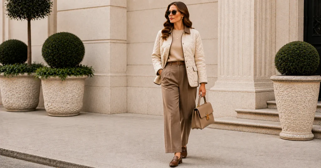 35 Effortless Quiet Luxury Fall Outfits Women Can Copy for a Timeless Look 14 Quiet Luxury Fall Outfits Women with a quilted jacket and tailored wool trousers