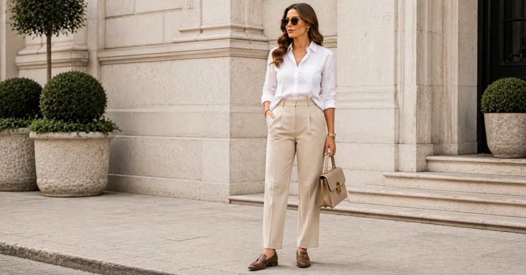 35 Effortless Quiet Luxury Fall Outfits Women Can Copy for a Timeless Look 6 Quiet Luxury Fall Outfits Women with a white button-down shirt and tailored trousers