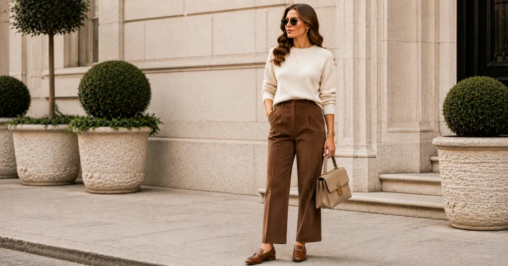 35 Effortless Quiet Luxury Fall Outfits Women Can Copy for a Timeless Look 10 Quiet Luxury Fall Outfits Women with chocolate corduroy trousers and a fine knit sweater