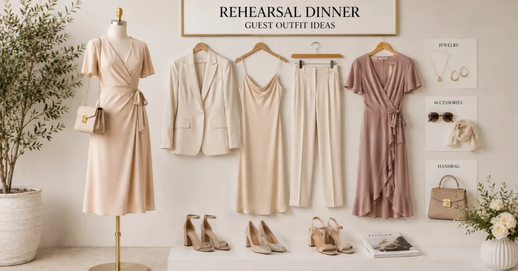 Rehearsal Dinner Guest Outfit Ideas capsule wardrobe with versatile wedding guest essentials.