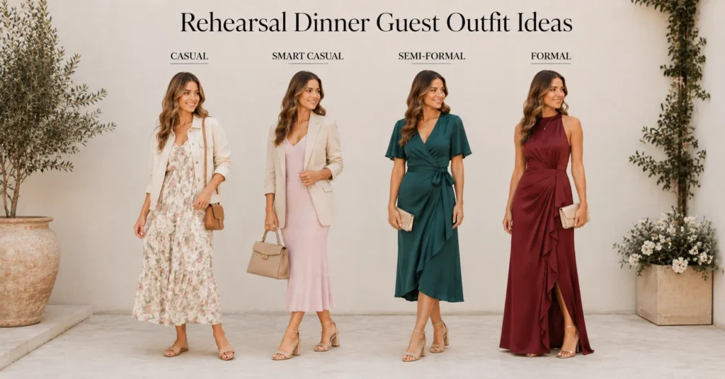 Rehearsal Dinner Guest Outfit Ideas comparison with four wedding guest outfit styles.