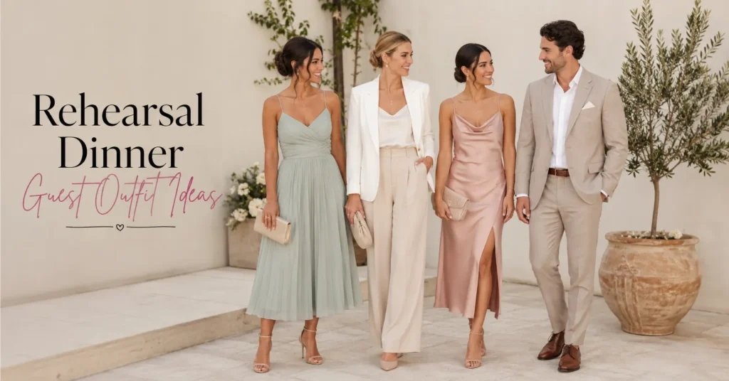 Rehearsal Dinner Guest Outfit Ideas featuring elegant wedding guest outfits for every dress code.