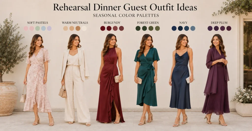 Rehearsal Dinner Guest Outfit Ideas featuring seasonal colors and elegant fabrics.