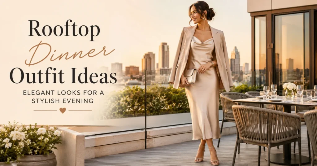 10 Effortless Rooftop Dinner Outfit Ideas for a Chic Evening Look 5 Rooftop Dinner Outfit Ideas featuring an elegant satin midi dress, beige blazer, block-heel sandals, and structured clutch on a stylish rooftop terrace.