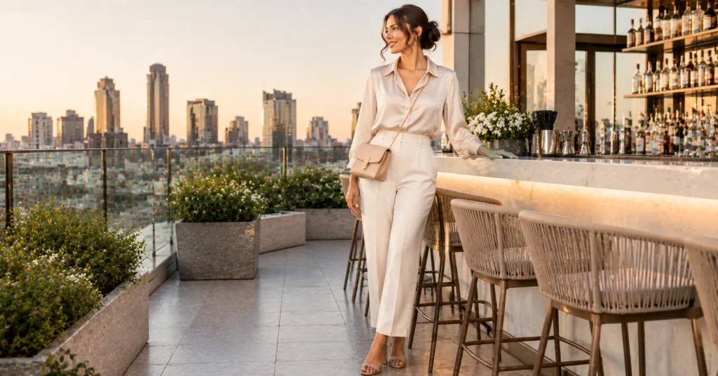 10 Effortless Rooftop Dinner Outfit Ideas for a Chic Evening Look 7 Rooftop Dinner Outfit Ideas featuring tailored cream trousers, a silk-blend blouse, heeled mules, and a compact crossbody bag.