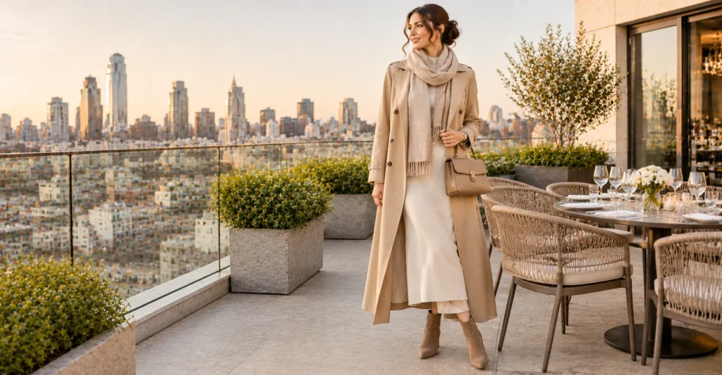 10 Effortless Rooftop Dinner Outfit Ideas for a Chic Evening Look 9 Rooftop Dinner Outfit Ideas featuring a midi dress, beige trench coat, ankle boots, cashmere scarf, and structured handbag.