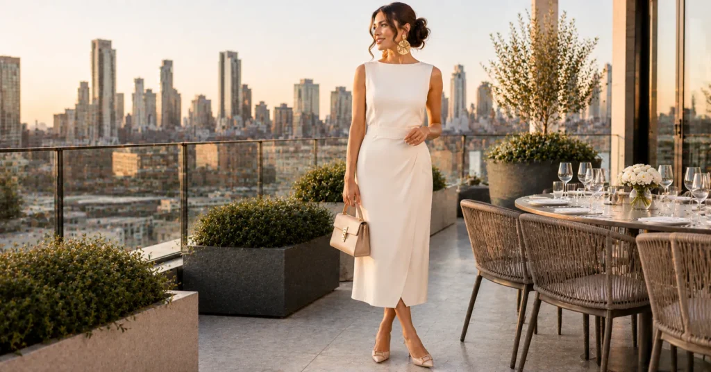 10 Effortless Rooftop Dinner Outfit Ideas for a Chic Evening Look 11 Rooftop Dinner Outfit Ideas featuring a neutral cream midi dress, sleek heels, structured handbag, and bold statement earrings.