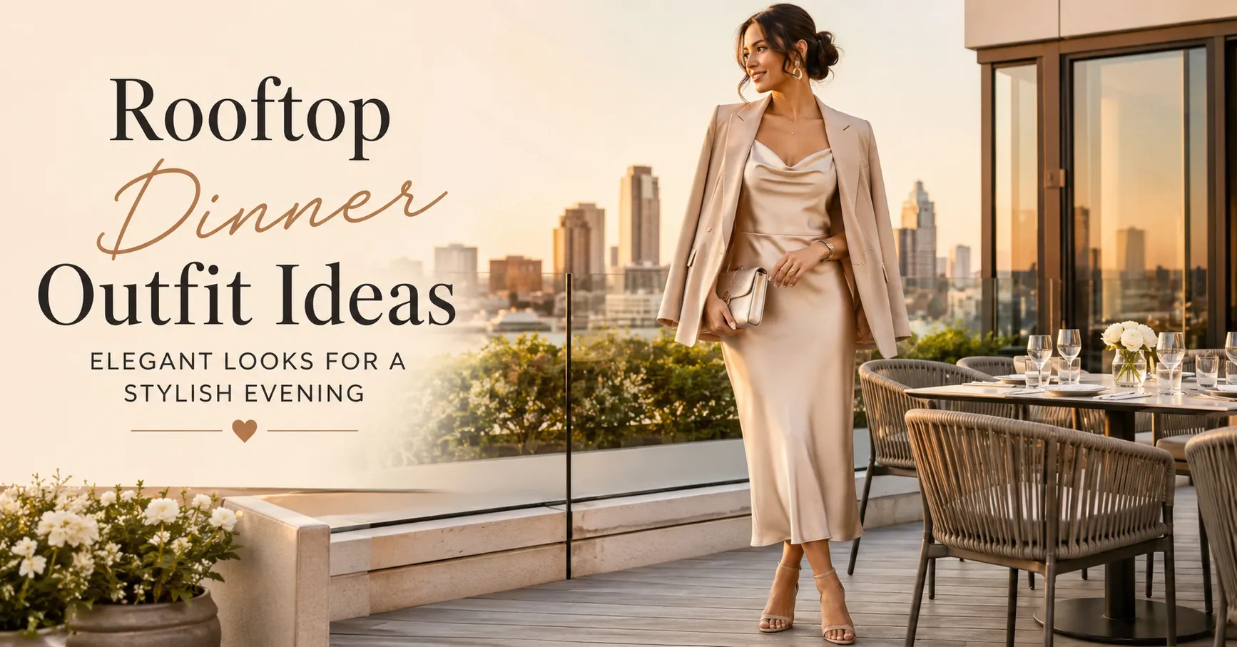 Home 10 Rooftop Dinner Outfit Ideas featuring an elegant satin midi dress, beige blazer, block-heel sandals, and structured clutch on a stylish rooftop terrace.