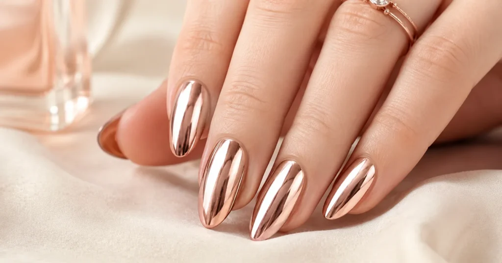 Mirror-finish rose gold chrome manicure for glamorous Rose Gold Nails Ideas.