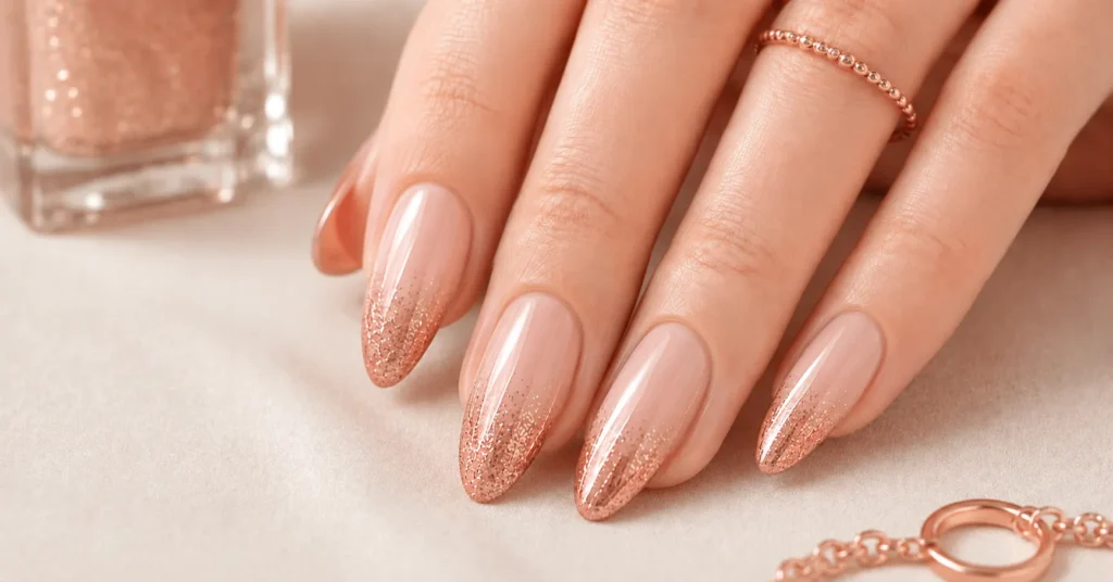 Nude and rose gold glitter ombre manicure for dazzling Rose Gold Nails Ideas.