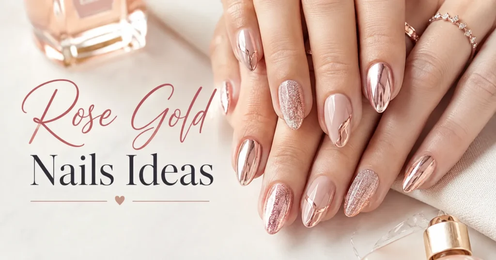 12 Dazzling Rose Gold Nails Ideas for a Glamorous Elegant Manicure 1 Elegant rose gold manicure featuring glamorous metallic and shimmer details for Rose Gold Nails Ideas.