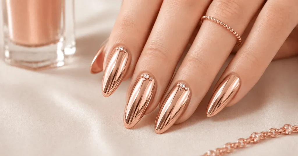 Metallic rose gold nails with delicate crystal accents for luxurious Rose Gold Nails Ideas.