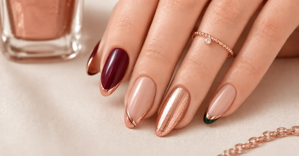 Rose gold accents paired with rich jewel tones for striking Rose Gold Nails Ideas.