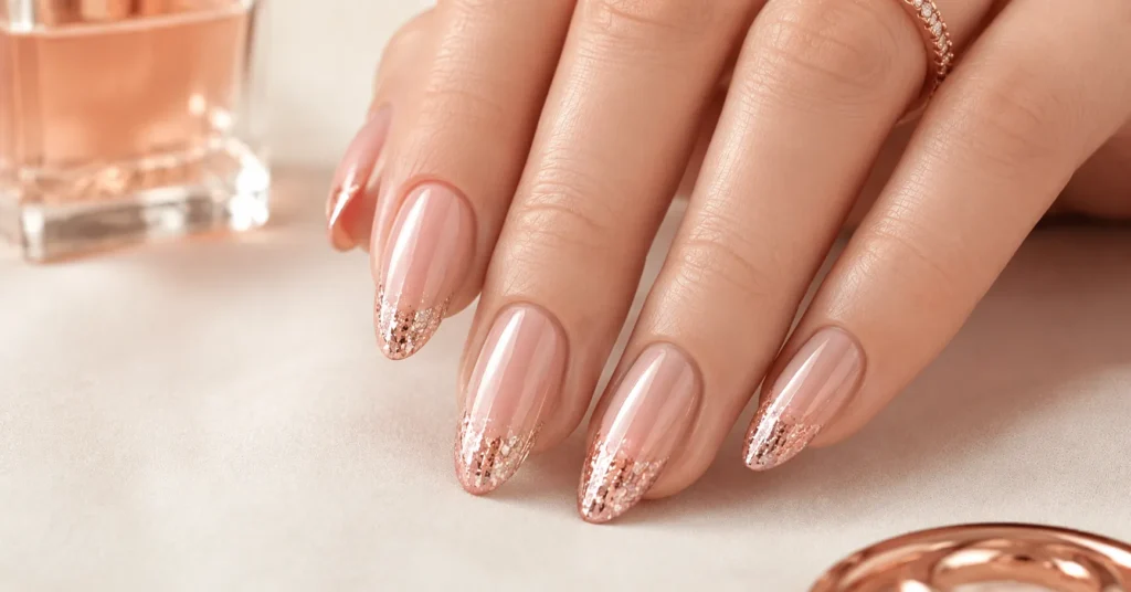 Nude manicure with delicate rose gold glitter tips for elegant Rose Gold Nails Ideas.