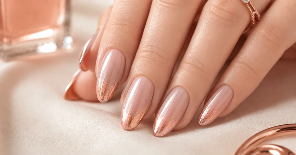 Soft nude-to-rose-gold ombre manicure for romantic Rose Gold Nails Ideas.