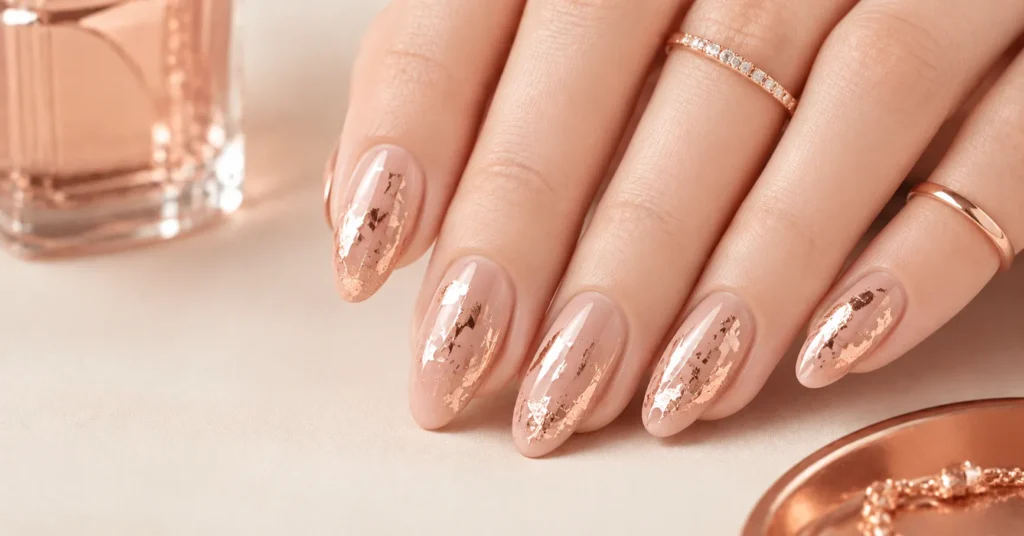 Minimal nude nails with rose gold foil accents for chic Rose Gold Nails Ideas.