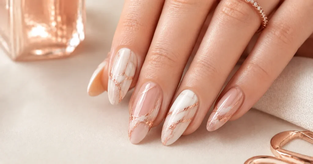Creamy marble manicure with delicate rose gold veins for luxurious Rose Gold Nails Ideas.