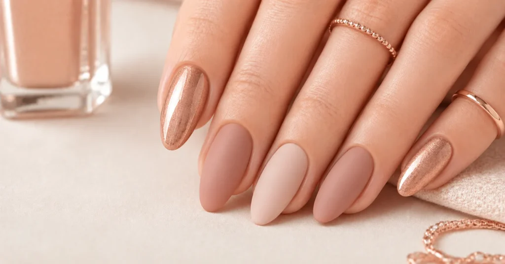 Rose gold shimmer and matte nude manicure for modern Rose Gold Nails Ideas.