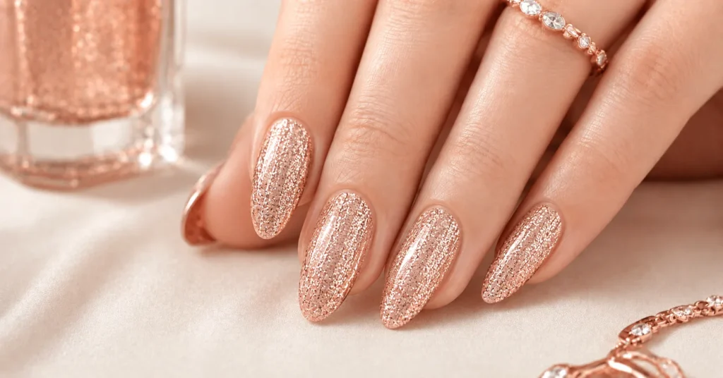 Full-coverage sparkling rose gold glitter manicure for glamorous Rose Gold Nails Ideas.