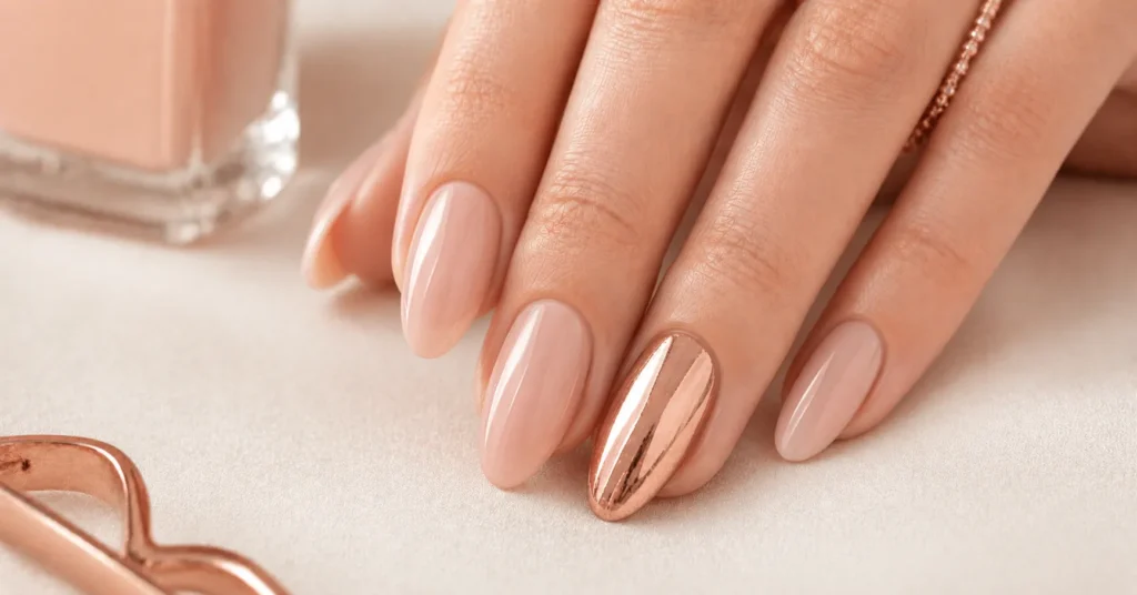 Minimal nude manicure with a single rose gold accent for understated Rose Gold Nails Ideas.