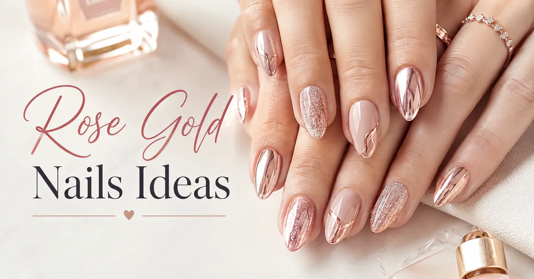 Elegant rose gold manicure featuring glamorous metallic and shimmer details for Rose Gold Nails Ideas.