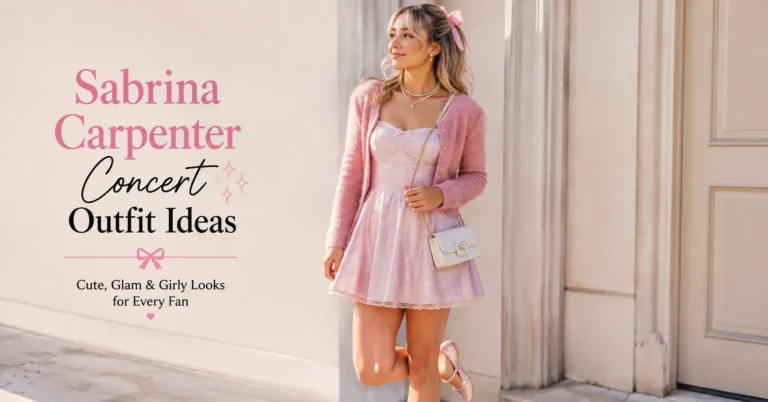 Sabrina Carpenter Concert Outfit Ideas featuring cute feminine concert fashion with bows, pearls, and pastel glam