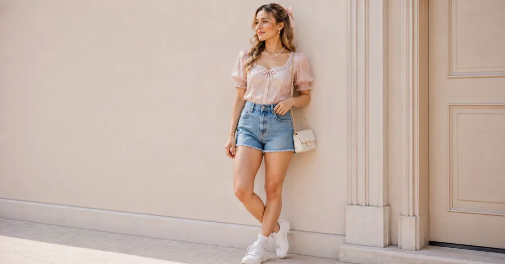 Sabrina Carpenter Concert Outfit Ideas: Cute, Glam, and Girly Looks for Every Fan 9 Sabrina Carpenter Concert Outfit Ideas featuring denim shorts with a sparkling top
