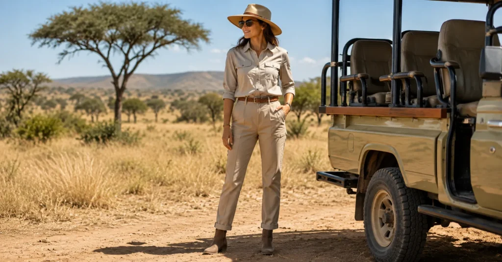 10 Stunning Safari Outfit Ideas Women Can Wear for a Stylish Adventure 3 Safari Outfit Ideas Women featuring a classic polished khaki safari outfit for a game drive.