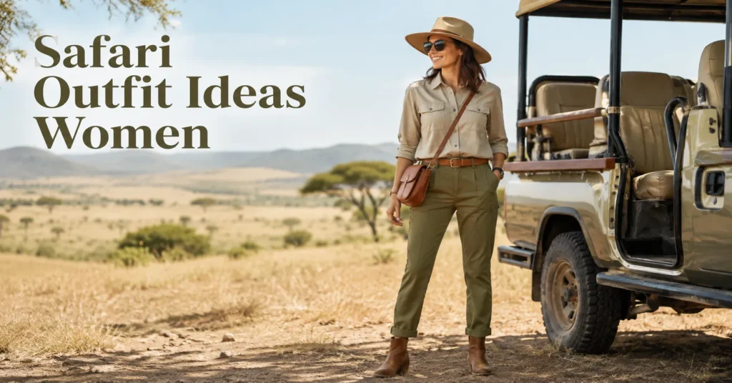 10 Stunning Safari Outfit Ideas Women Can Wear for a Stylish Adventure 2 Safari Outfit Ideas Women featuring a chic khaki safari outfit beside an African safari vehicle.
