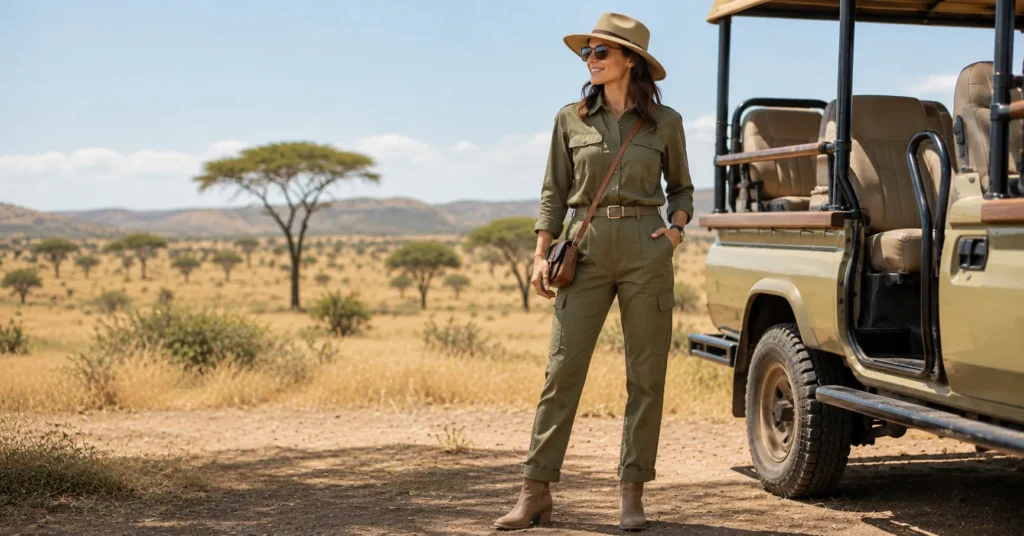 10 Stunning Safari Outfit Ideas Women Can Wear for a Stylish Adventure 5 Safari Outfit Ideas Women featuring a stylish olive utility jumpsuit with practical safari details.