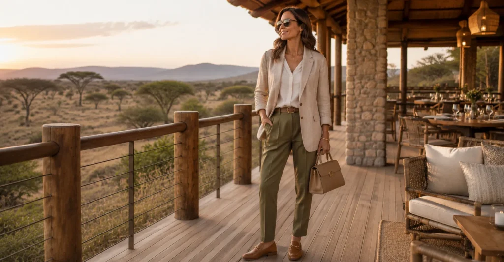 10 Stunning Safari Outfit Ideas Women Can Wear for a Stylish Adventure 9 Safari Outfit Ideas Women featuring a refined beige blazer and tailored trousers for safari lodge dinners.