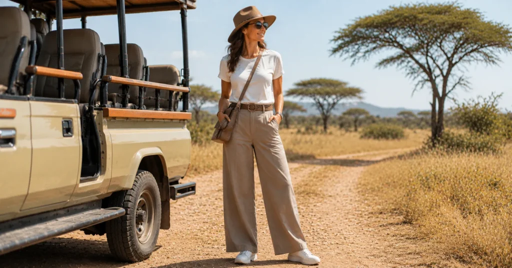 10 Stunning Safari Outfit Ideas Women Can Wear for a Stylish Adventure 10 Safari Outfit Ideas Women featuring comfortable taupe wide-leg trousers and an ivory tee.