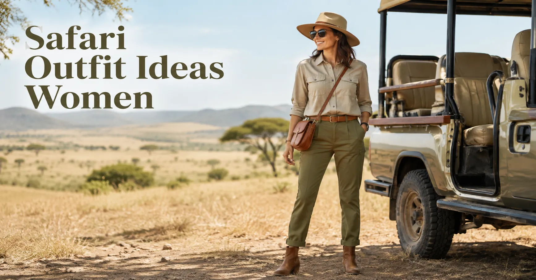 Home 10 Safari Outfit Ideas Women featuring a chic khaki safari outfit beside an African safari vehicle.