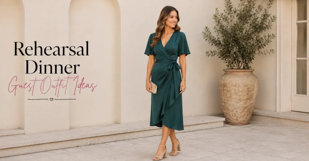 Semi-Formal Rehearsal Dinner Guest Outfit Ideas with elegant wrap dress.