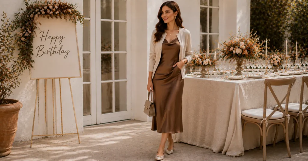 September Birthday Outfit Ideas: 25 Effortless Looks for Every Celebration 11 September Birthday Outfit Ideas featuring a bronze slip dress with a cream fine-knit cardigan
