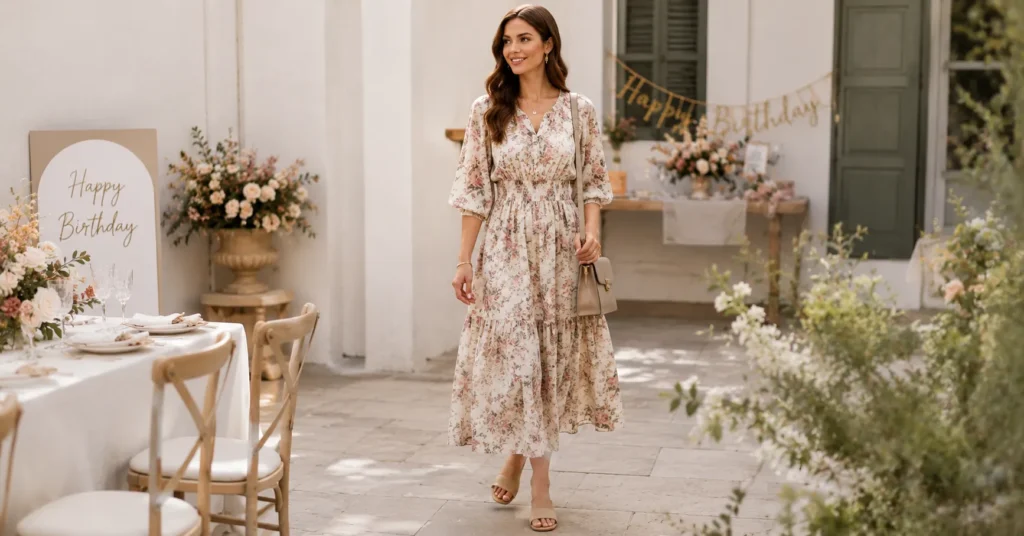 September Birthday Outfit Ideas: 25 Effortless Looks for Every Celebration 3 September Birthday Outfit Ideas featuring a lightweight transition midi dress with sandals