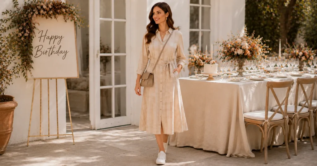 September Birthday Outfit Ideas: 25 Effortless Looks for Every Celebration 8 September Birthday Outfit Ideas featuring a neutral midi shirt dress with white sneakers
