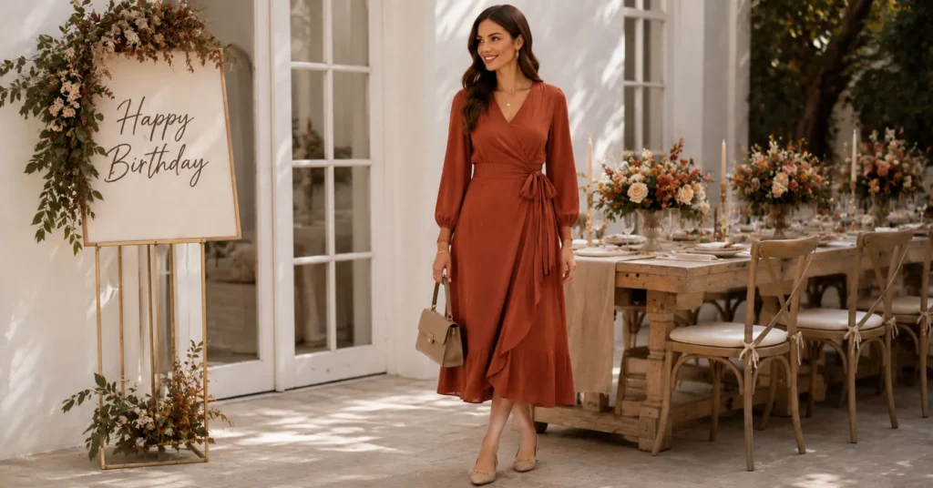 September Birthday Outfit Ideas: 25 Effortless Looks for Every Celebration 4 September Birthday Outfit Ideas featuring a rust wrap dress in warm earth tones