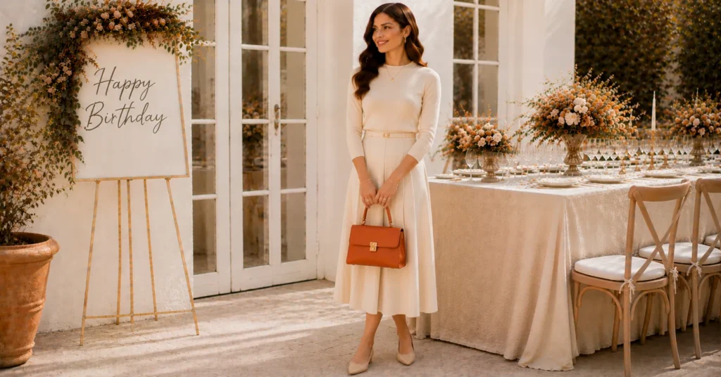 September Birthday Outfit Ideas: 25 Effortless Looks for Every Celebration 18 September Birthday Outfit Ideas featuring a soft cream outfit with a rust-colored pop of color.