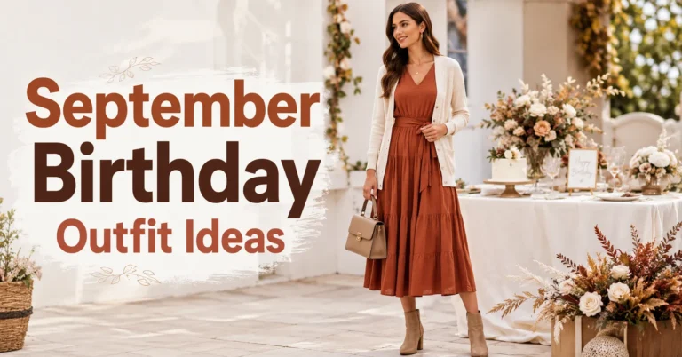 September Birthday Outfit Ideas featuring a stylish rust midi dress with a cream cardigan and ankle boots
