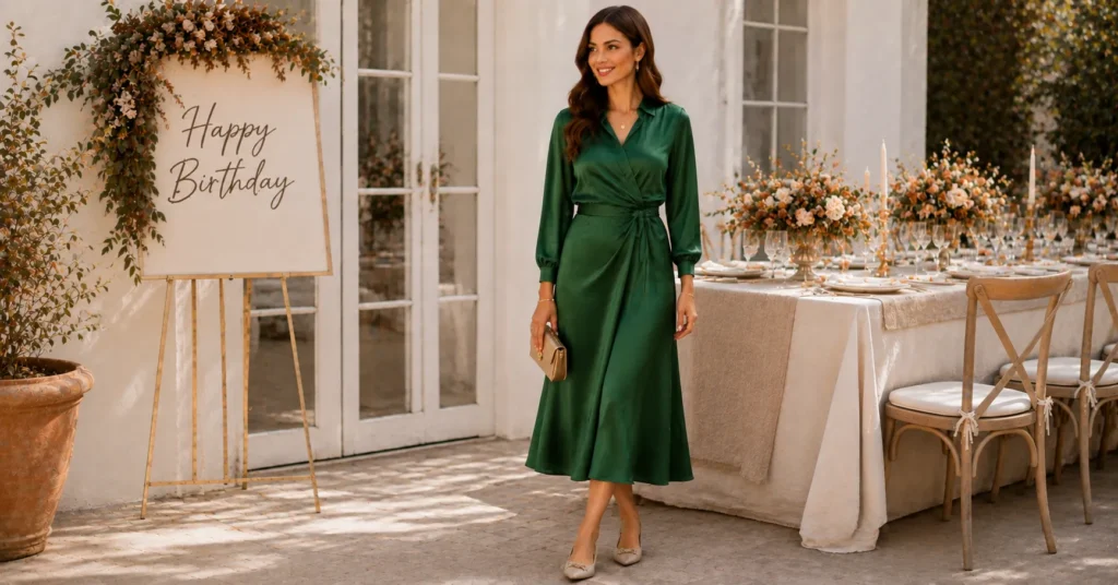 September Birthday Outfit Ideas: 25 Effortless Looks for Every Celebration 9 September Birthday Outfit Ideas featuring an elegant emerald satin midi dress