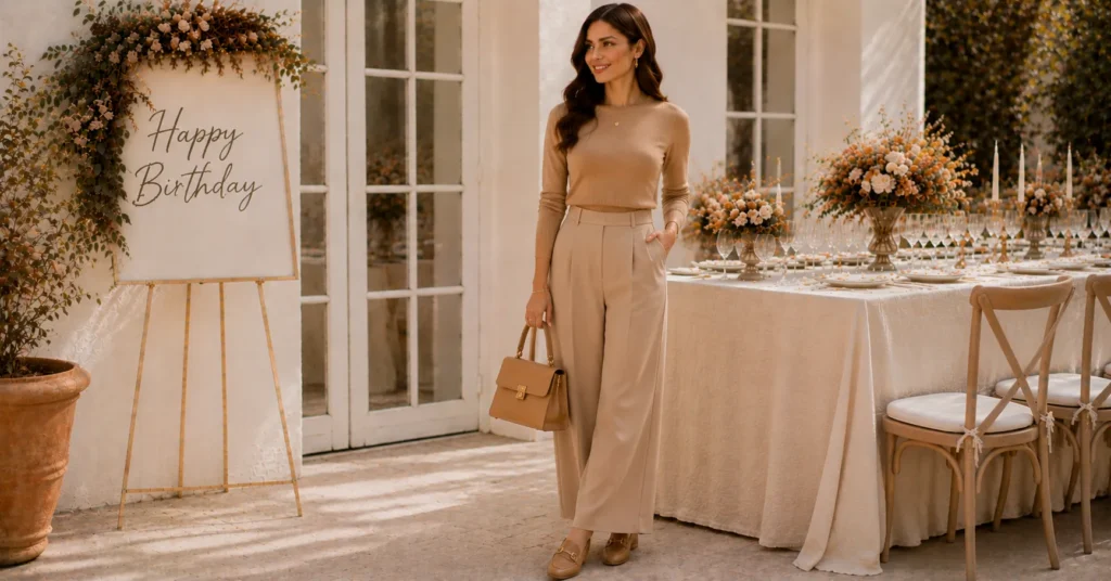 September Birthday Outfit Ideas: 25 Effortless Looks for Every Celebration 16 September Birthday Outfit Ideas featuring an elegant warm camel monochrome outfit