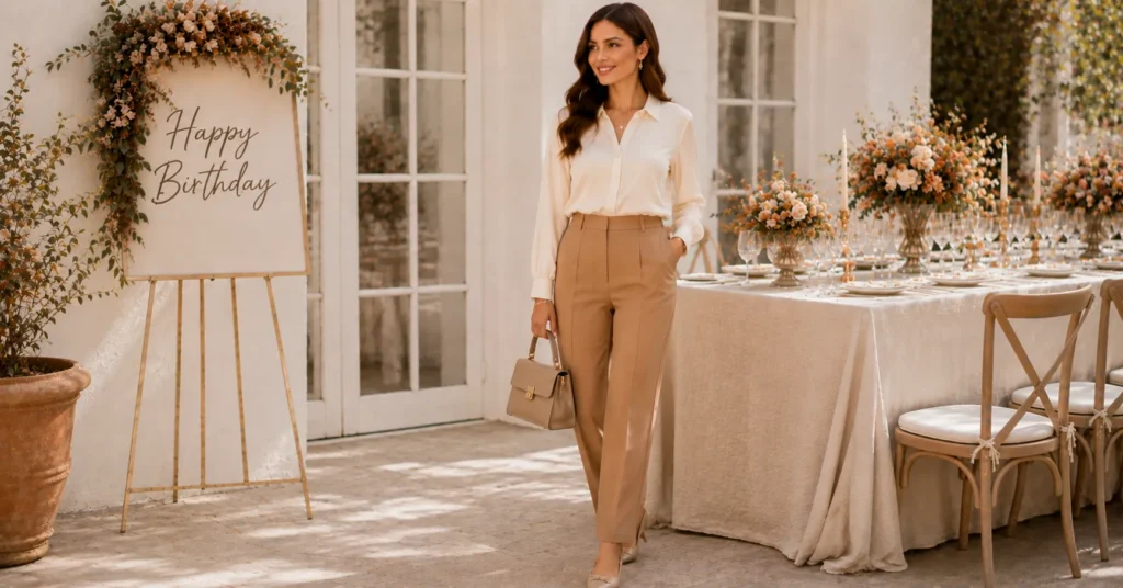 September Birthday Outfit Ideas: 25 Effortless Looks for Every Celebration 10 September Birthday Outfit Ideas featuring tailored camel trousers and an ivory silk blouse