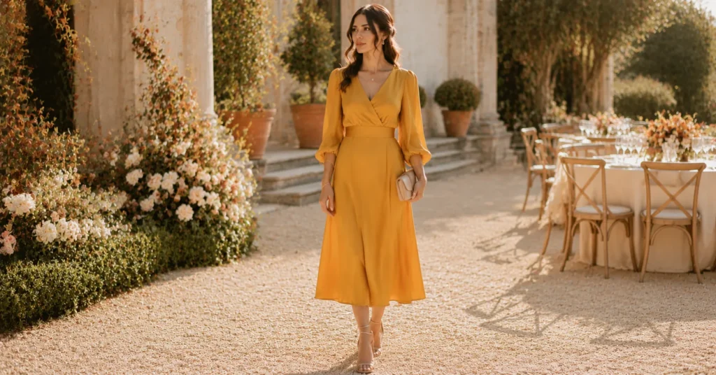 35 Stunning September Wedding Guest Outfit Ideas for Early Fall Weddings 6 September Wedding Guest Outfit Ideas featuring a mustard midi dress for fall weddings